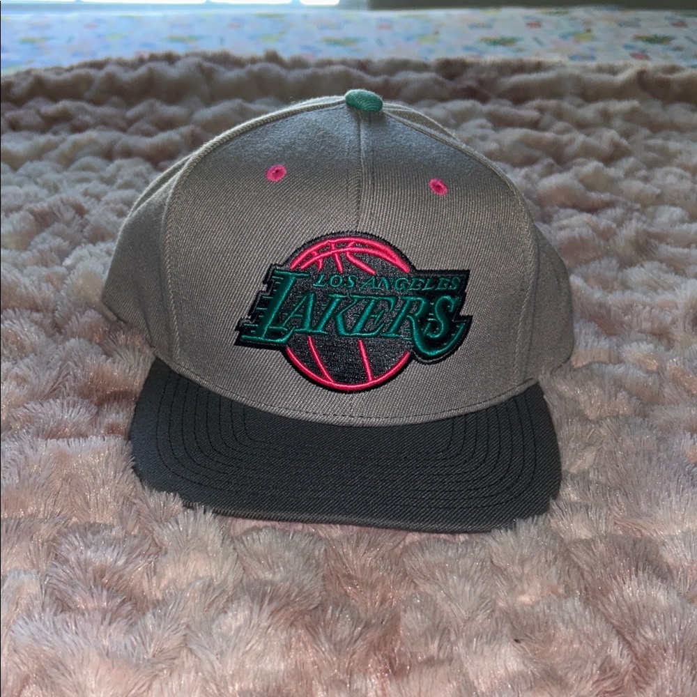 Mitchell & Ness Gray Snapback Cap with Pink & Teal Accents